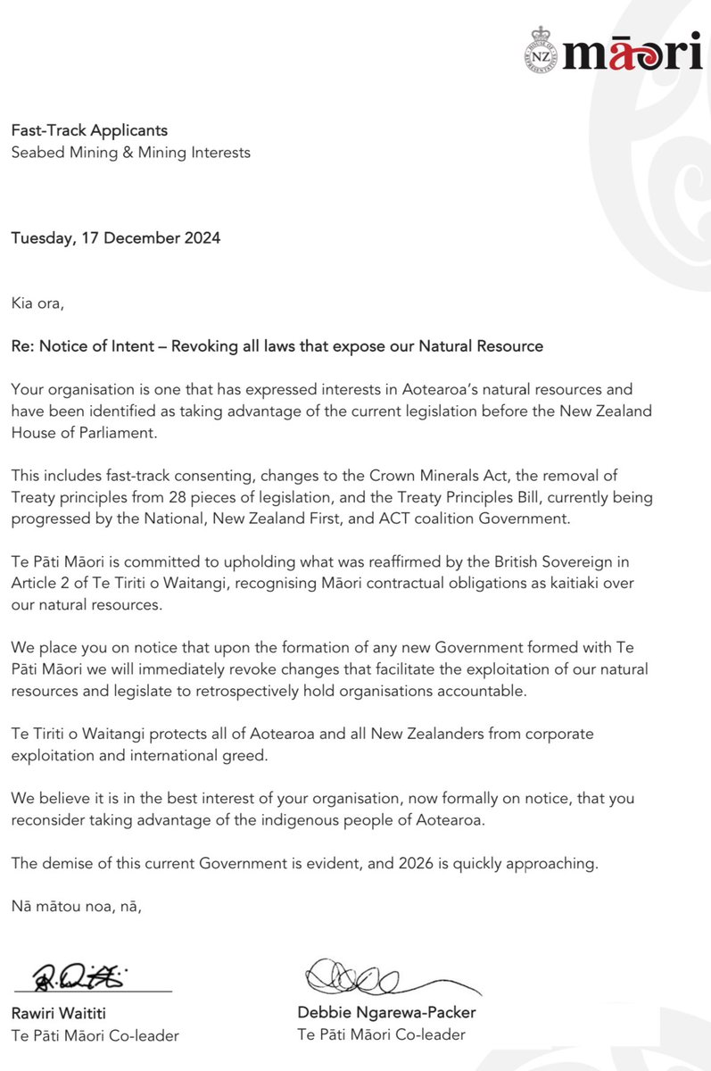 winstonpeters's tweet photo. It seems the Maori Party have sent this letter to all companies who have applied for fast track consideration. 

If true, they have shown what extremist economic morons they are and how little they value the future of our country. 

They have threatened these private companies with economic sabotage and condemning New Zealand to a bankrupt future - all because of their delusional and separatist views. 

This is a party who wants to be in cabinet deciding your future.