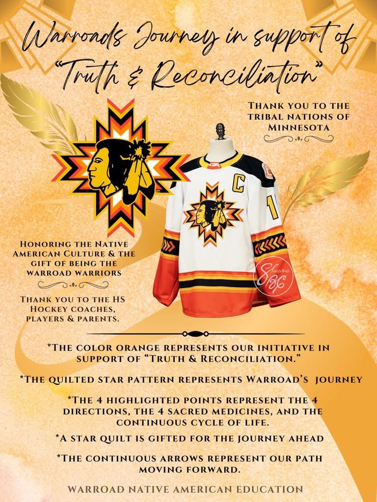 WarroadHShockey's tweet image. On January 11th, the boys and girls high school hockey programs will be wearing "Every Child Matters" jerseys in support of Warroads journey of Truth and Reconciliation designed by Warroad Indian Education Department.