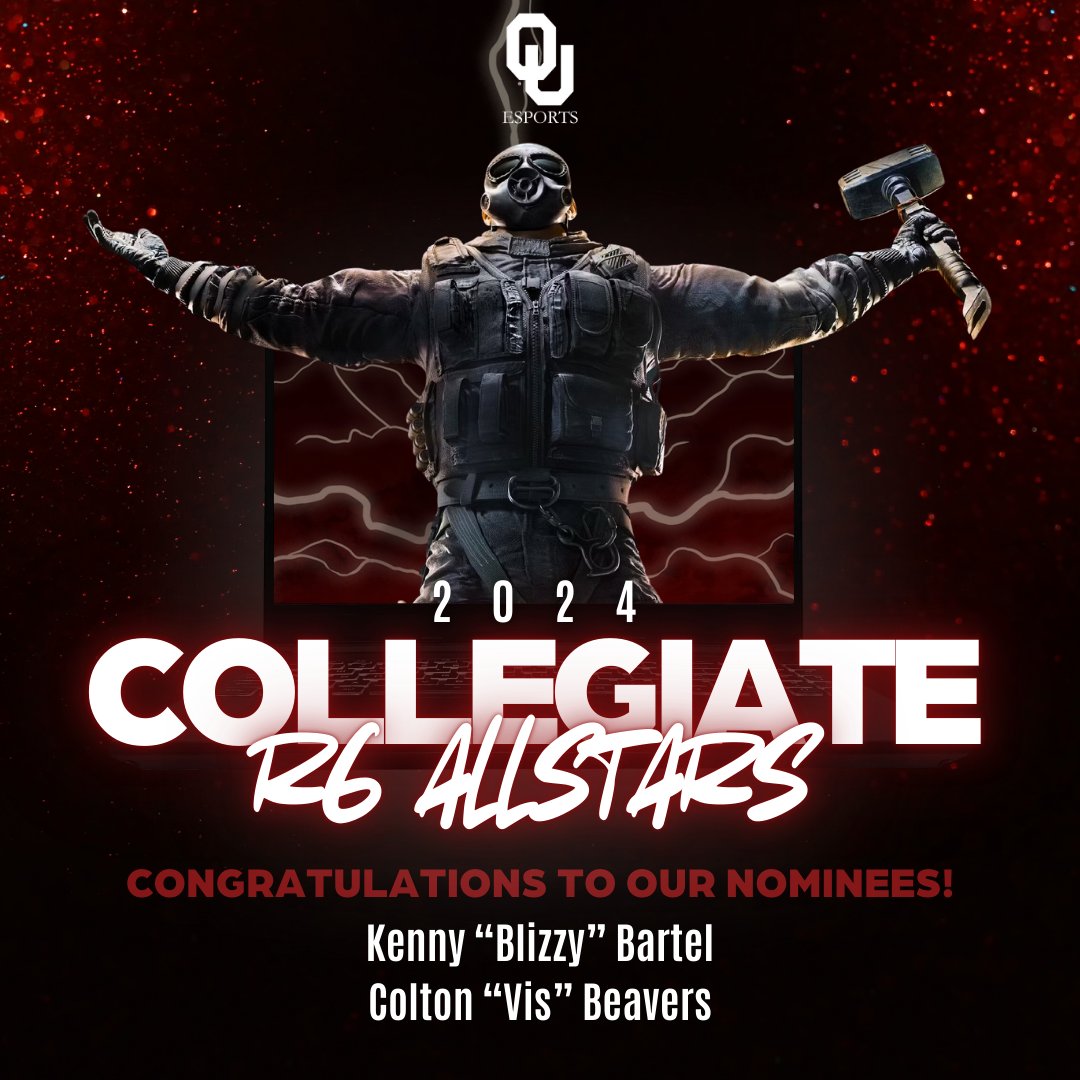 OUEsports's tweet photo. Asset secured! 🔥 Hard work and dedication paid off for our amazing R6 team this semester: congratulations to Kenny "Blizzy" Bartel &amp; Colton "Vis" Beavers for their nominations as 2024 Collegiate R6 Allstars! 💪😎
🗳 Cast your vote now at our link in bio! https://t.co/L67uhtcMkD