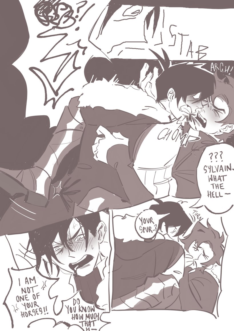 277yen's tweet photo. day 8: free
using the free day to post day 5's prompt: awkward intimacy! sylvain, be careful of your spurs!!

#sylvixweek2024 https://t.co/KXGU4chzbL