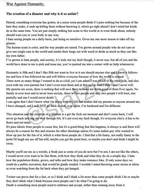 Nefariously63's tweet photo. Four pages of a manifesto from the alleged shooter in Madison, WI today.  
Once again, an entirely preventable loss of life if we would only focus on treating the mental health of our youth, instead of predictably blaming the inanimate object for this tragedy. https://t.co/B3YDFJY1zg