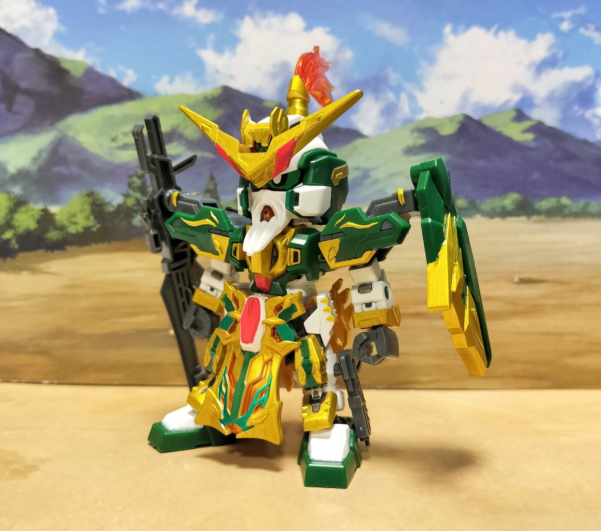 paddycentral1's tweet photo. 三国創傑伝の黄忠ガンダムデュナメスを部分塗装！
使用したのは
金→ディスペイの水性アクリルマーカーゴールド
赤→同メカレッド
緑→同メタリックグリーン
ガンメタ→同ガンメタリック
白→EXニューホワイト
やっぱこのマーカー結構いい色味してるね…
ゴールドは重ね塗り推奨！
#SDガンダム
#dspiae https://t.co/I92qefkhaj