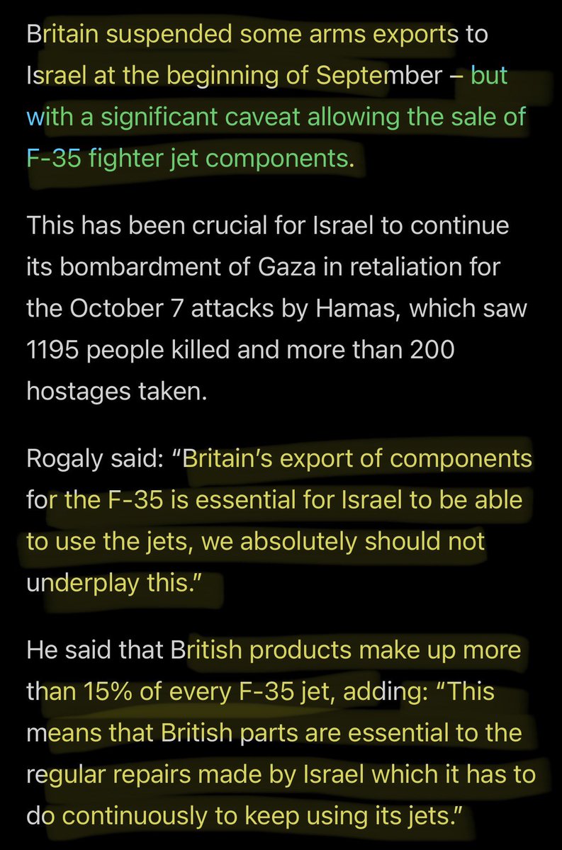 SanaSaeed's tweet photo. A new report by the British Palestine Committee shows how the UK’s complicity in the genocide in Gaza goes much further than what’s been acknowledged & reported on—specifically regarding spy planes & critical F-35 support. 

What caught my attention is the question of direct British complicity in the June massacre in which the Israelis killed almost 300 Palestinians in a “rescue” of 4 hostages.
