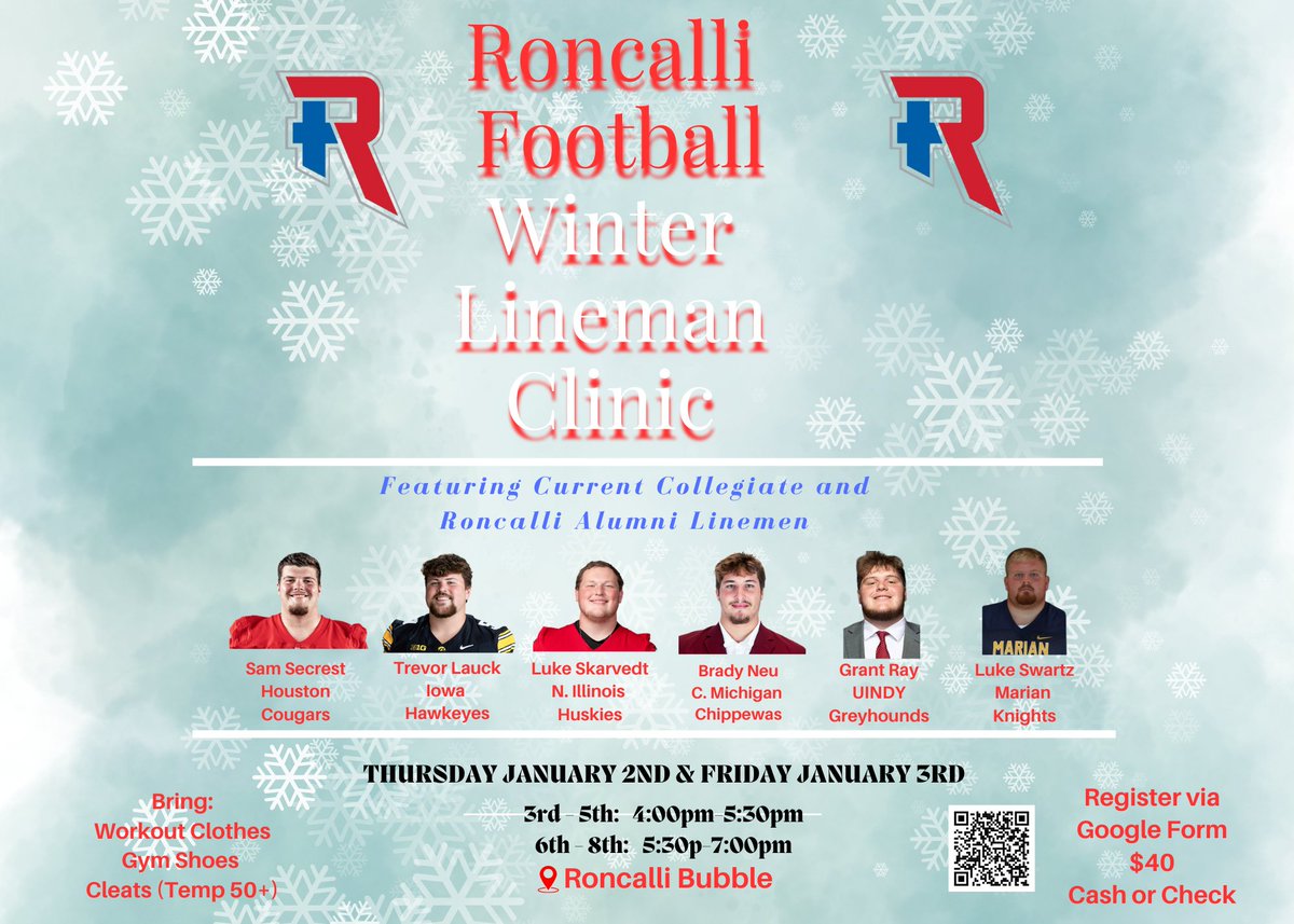 Roncalli Football (@roncallifb) on Twitter photo Beat the winter blues and join us for an exclusive opportunity to train with current collegiate linemen and Roncalli Football alumni! Mark your calendars for Thursday, January 2nd, and Friday, January 3rd.
Registration Link: forms.gle/u4EKrFxL91GQE7…
<a href="/TrevorLauck/">Trevor Lauck</a> <a href="/samsecrest72/">Sam Secrest</a> Beat the winter blues and join us for an exclusive opportunity to train with current collegiate linemen and Roncalli Football alumni! Mark your calendars for Thursday, January 2nd, and Friday, January 3rd.
Registration Link: forms.gle/u4EKrFxL91GQE7…
<a href="/TrevorLauck/">Trevor Lauck</a> <a href="/samsecrest72/">Sam Secrest</a>
