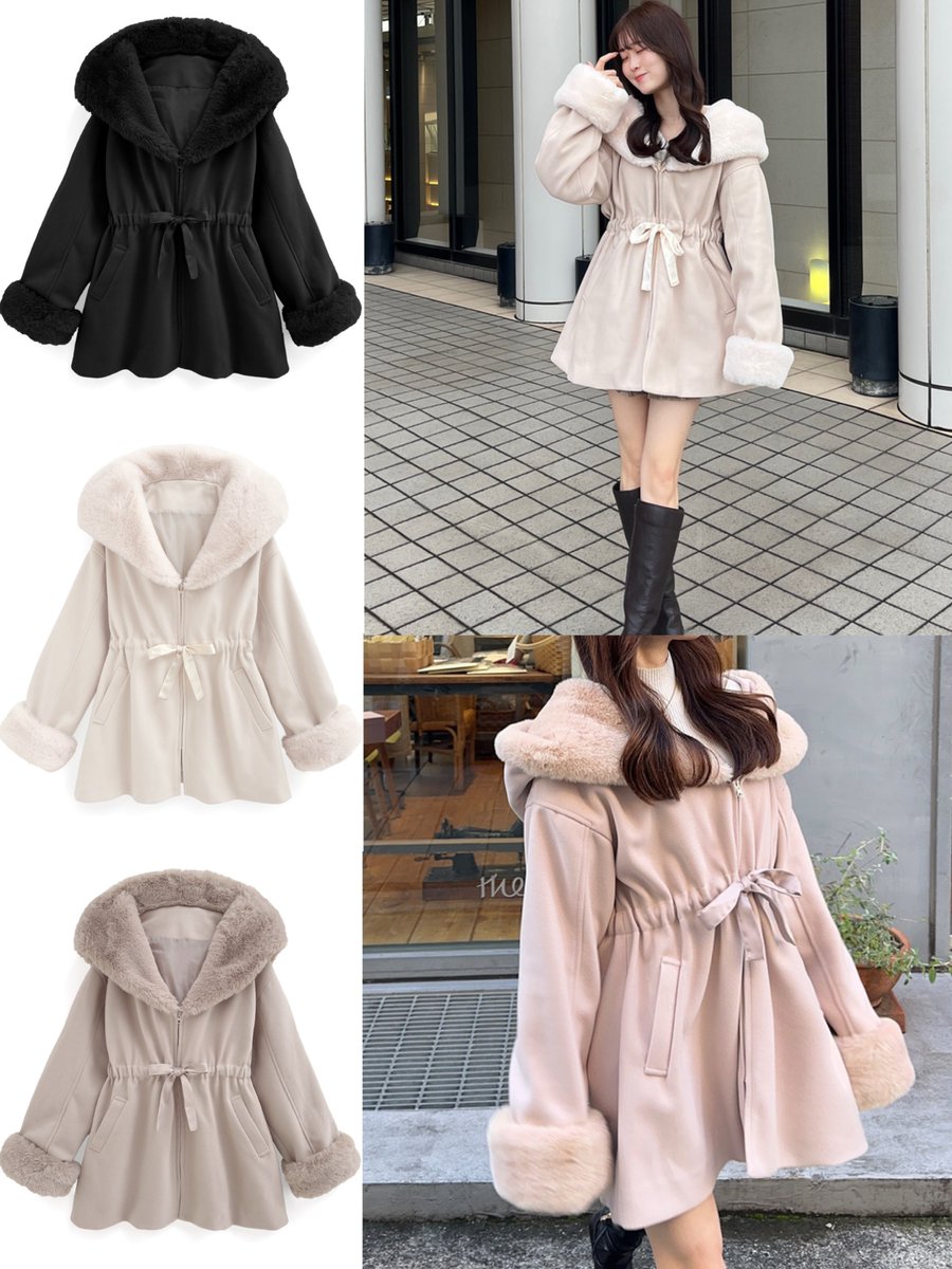 grl ファーフードドロストリボンコート ブラック モッズ ミリタリージャケット GRLの新作アウターが可愛い🫧🎀 ファーフードドロストリボンコート