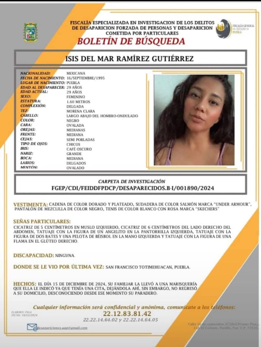 laredcincoradio's tweet photo. #ServicioSocial 🔍 || Se solicita la ayuda de la ciudadanía para localizar a Isis del Mar Ramírez Gutiérrez, fue vista por última vez el 15 de diciembre en San Francisco Totimehuacán, Puebla. #Ayuda #Desaparecida #Localiza https://t.co/Q0c61U8udp