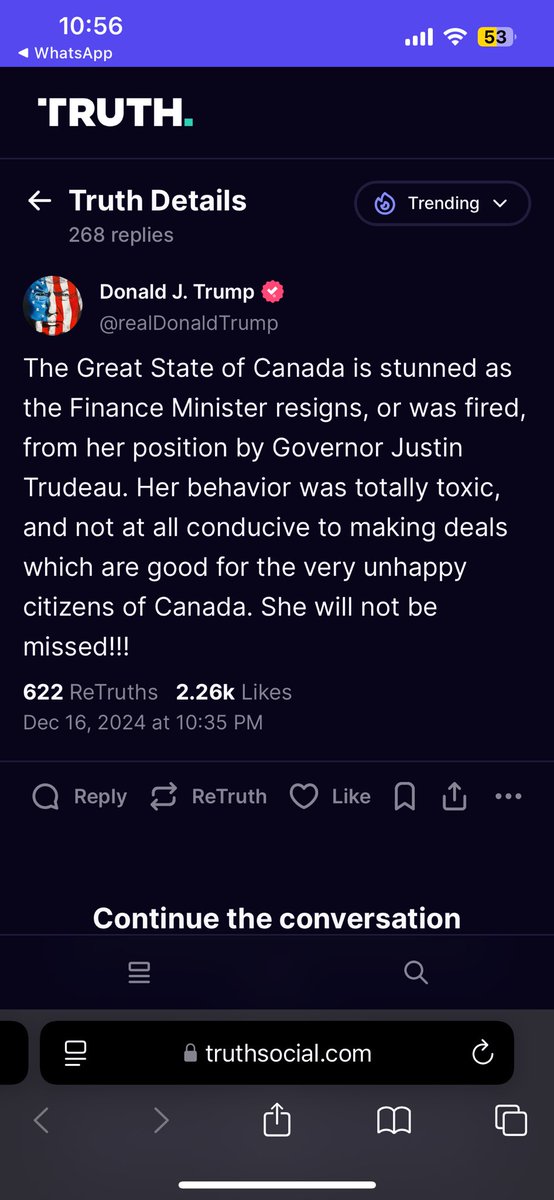 President-Elect Donald Trump on Chrystia Freeland’s resignation. Well known they were not fans of each other. Backs Trudeau and takes a now usual dig implying Canada not a real country