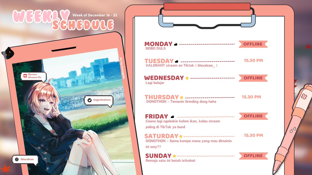blaxalcee's tweet photo. WEEKLY SCHEDULE Desember, 16 - 22
Mari kita drop schedule lagi, JANGAN LUPA MAMPIR
✧ General: #BlaxtonAlceena
✧ Live: #BLAXAlive
✧ Art: #bxart
✧ Fan name: SEBLAX
✧ Meme: #NgaBlax (Ngakak Blax)
✧ Clips: #BLAXCLIPS https://t.co/UNffsF5Mq6