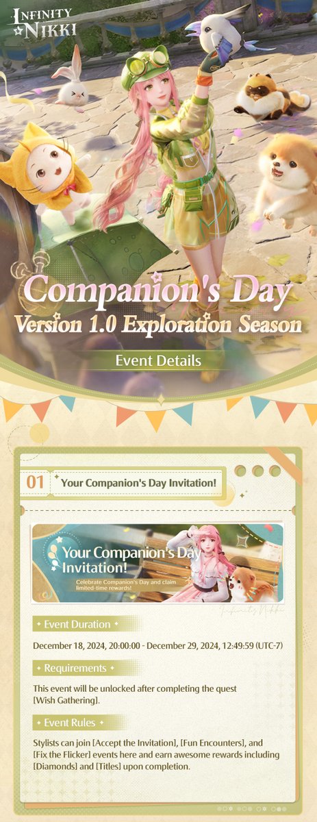 InfinityNikkiEN's tweet photo. Version 1.0 Exploration Season | Companion's Day
Companion's Day kicks off on December 18!

Scrub-a-Dub-Dub-Dub!
Stylists, check out the latest event details now!

——
The Coziest Open-World Game
Infinity Nikki Available Now!
➤ Download Now: https://t.co/30AcRL0uSm
➤ Join us on Discord: https://t.co/QvZPw1gJOV
#InfinityNikki