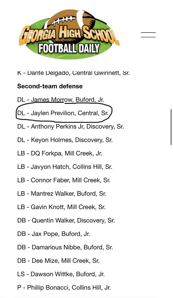 Jaylen Previlon (@previlonjaylen) on Twitter photo Blessed to be Second-Team All Region Defense! <a href="/GHSFdaily/">GHSF Daily</a> <a href="/GDPsports/">Gwinnett Daily Post</a> <a href="/RecruitGeorgia/">Recruit Georgia</a> <a href="/BHarrison92/">Bryant Harrison</a> <a href="/CoachHarold73/">Larry Harold, Jr.</a> <a href="/BlackKnight_FB/">Central Gwinnett FB</a> <a href="/247Sports/">247Sports</a> <a href="/NEGARecruits/">Northeast Georgia Recruits</a> <a href="/SCOT_FB/">Small College Football Offer Tracker</a> Blessed to be Second-Team All Region Defense! <a href="/GHSFdaily/">GHSF Daily</a> <a href="/GDPsports/">Gwinnett Daily Post</a> <a href="/RecruitGeorgia/">Recruit Georgia</a> <a href="/BHarrison92/">Bryant Harrison</a> <a href="/CoachHarold73/">Larry Harold, Jr.</a> <a href="/BlackKnight_FB/">Central Gwinnett FB</a> <a href="/247Sports/">247Sports</a> <a href="/NEGARecruits/">Northeast Georgia Recruits</a> <a href="/SCOT_FB/">Small College Football Offer Tracker</a>