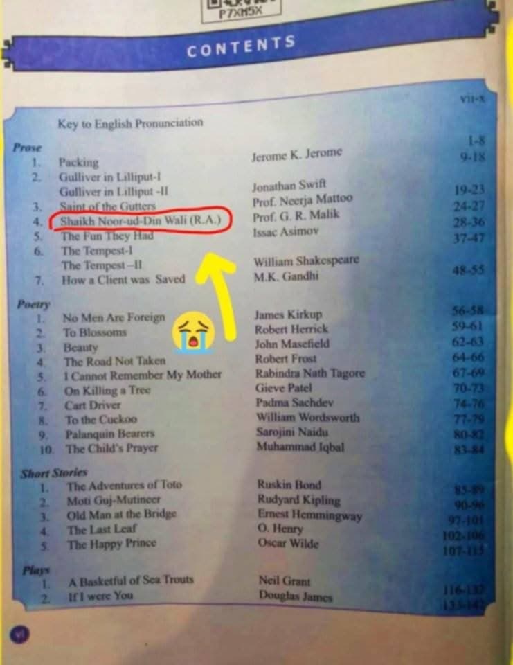 waseemahmad1823's tweet photo. #Shocking_news
Jammu Kashmir Government removed the chapter (Sheikh Alam رحمہ اللّٰہ) from the ninth grade English textbook.
Viral on facebook https://t.co/jiqnIJwXJ0
