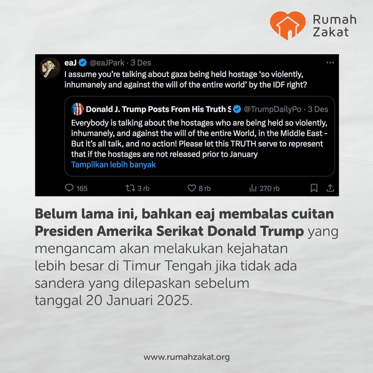 rumahzakat's tweet photo. eaJ Park atau yang juga dikenal sebagai Jae salah satu K-pop yang vokal dalam membela kemerdekaan Palestina melalui media sosial X pribadinya.

eaJ berkali-kali membagikan berita terbaru mengenai penjajahan di Palestina oleh Israel, dan menyatakan pemikirannya dengan tegas.

Begitu juga dengan Rumah Zakat yang terus bersuara tentang kemerdekaan palestina melalui aksi #LoveforPalestine

Mari sahabat jangan pernah lelah untuk berdiri bersama Palestina. Kemerdekaan Palestina adalah hak yang harus terus kita perjuangkan bersama.

Klik link : https://t.co/KIYIZmsZ6h