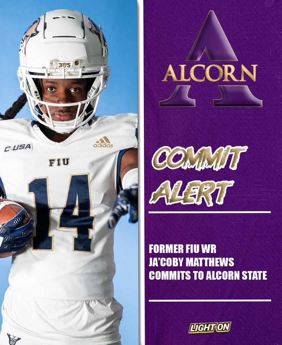 LIGHT ON COLLEGE SPORTS (@lightonsports) on Twitter photo Former FIU WR Ja'Coby Matthews has committed and signed with Alcorn State. 🪓
#BigBadBraves <a href="/JacobyMatthews4/">NOLIMITCOBY ⚡️</a>
(via <a href="/AlcornStateFB/">Alcorn Football</a>) Former FIU WR Ja'Coby Matthews has committed and signed with Alcorn State. 🪓
#BigBadBraves <a href="/JacobyMatthews4/">NOLIMITCOBY ⚡️</a>
(via <a href="/AlcornStateFB/">Alcorn Football</a>)