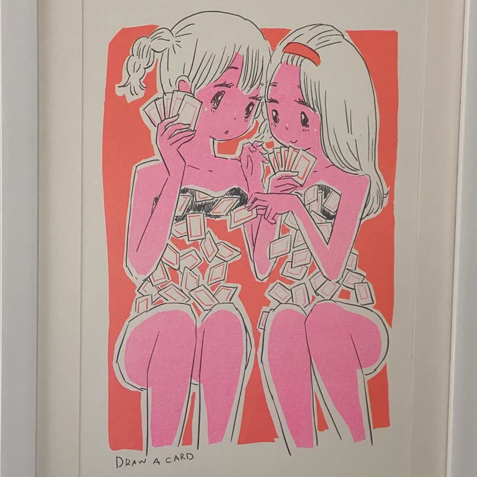 プリント作品はリソグラフのものが2種類(ピンク&amp;オレンジ、ブルー&イエロー、A4サイズ)シルクスクリーンのF3サイズのものが1種類。リソグラフ作品は東京でのわたしが参加するイベントでも販売するかもです。お問い合わせはこちらから!↓どうぞよろしくお願いします! 