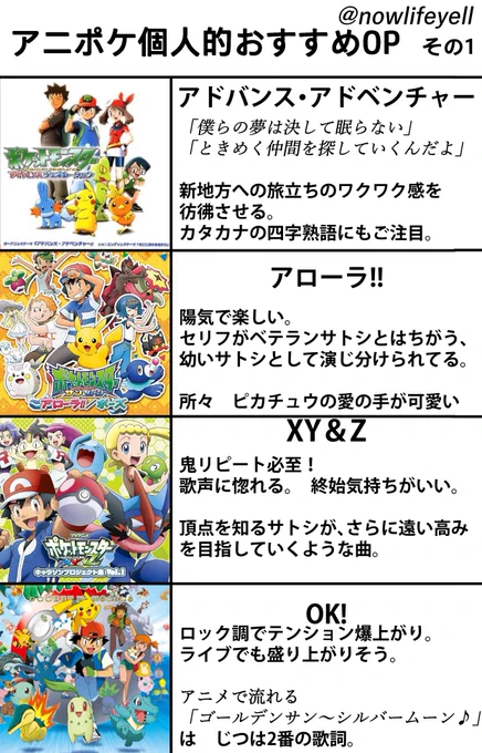 アニメポケモンOP曲主題歌
 (個人的おすすめ) その1～4
💫~2023年ふりかえり

誰もが持つ夢・世界を ぎゅっと詰め込んだ 宝箱のような名曲たち😆

※全曲紹介できないことをご容赦ください

#アニポケ #anipoke #ポケモン 
