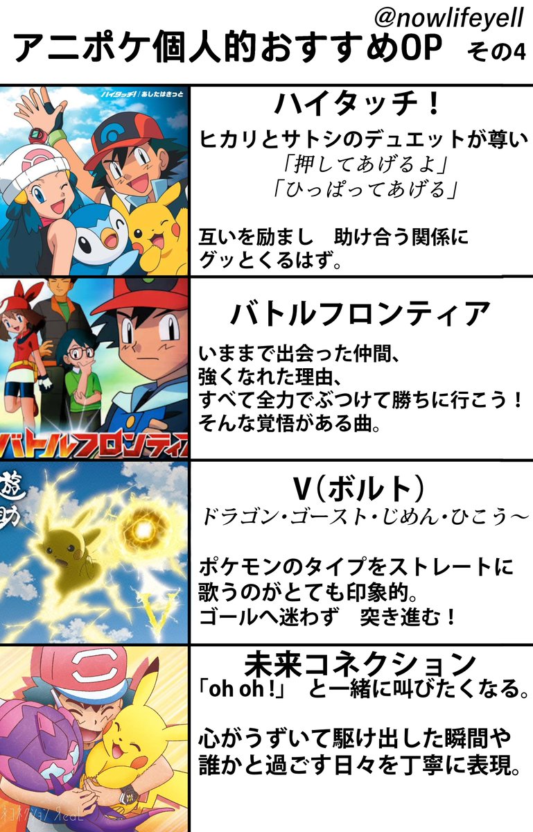 アニメポケモンOP曲主題歌
(個人的おすすめ) その1~4
💫~2023年ふりかえり
誰もが持つ夢・世界を ぎゅっと詰め込んだ 宝箱のような名曲たち😆
※全曲紹介できないことをご容赦ください
#アニポケ #anipoke #ポケモン