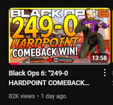 We completed the 0-249 Hardpoint Comeback Win in #BlackOps6! 

We put a ton of time into creating this video &amp; I believe is a unique style for COD content. We will continue to innovate in creative ways...

It'd mean a lot to me if you gave it a watch &amp; comment ❤️