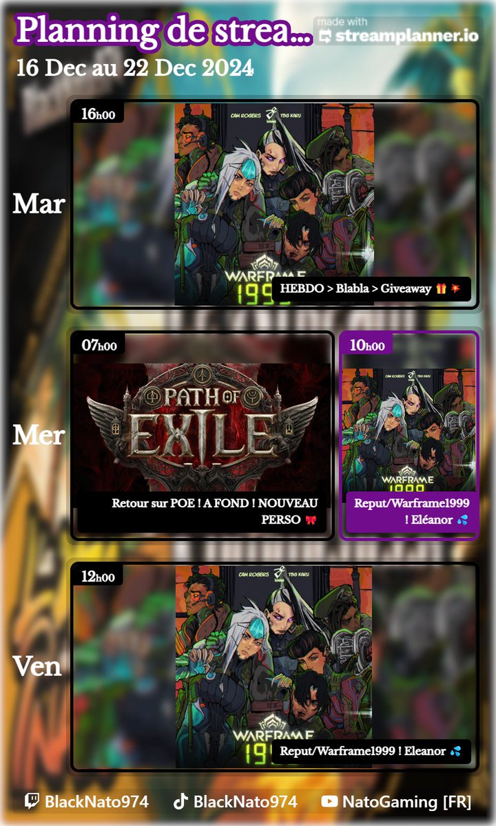 NatoGaming4's tweet photo. 🖖Hey petite modif sur mon planning de live les potos ! On se capte se soir sur @PlayWarframe 😁.
Mercredi en Matinale POE 2 Puis sur Warfame et Vendredi changement Warframe en Aprem 💥
#Warframe #Warframe1999 #WarframeCreator #WarframeFR #PathofExile2 https://t.co/VYfGWJV146