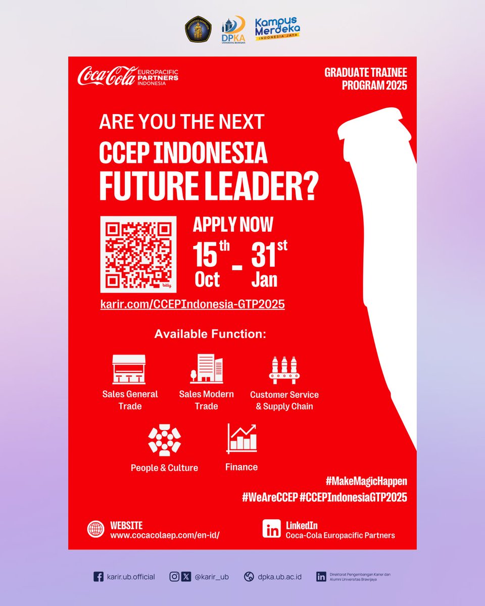 karir_ub's tweet image. Are you passionate about the FMCG industry? Do you aspire to be a business leader in a multinational FMCG company? 
 
Apply NOW via the link below: 
karir.com/CCEPIndonesia-… 
 
Registration Period: October 15, 2024 - January 31, 2025
 
#MakeMagicHappen #CCEPIndonesiaGTP2025
