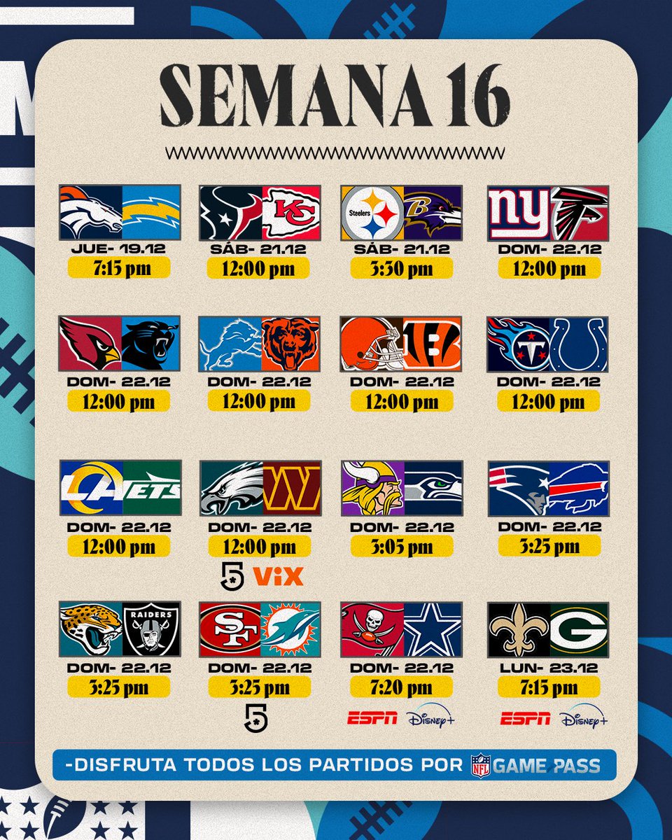 nflmx's tweet photo. ¡SEMANA 16 CON 4 DÍAS DE NFL! 🫡🏈

Comienzan los sábados de NFL y continúan los partidazos de cara al tramo final de la temporada regular, ¿listos para otra gran semana? 👀🔥

📺📲: @TUDNMEX por @VIX y @MiCanal5 / @ESPNmx / @disneyplusla / @NFLonDAZN 

#NFLMX https://t.co/EglIzssnXg