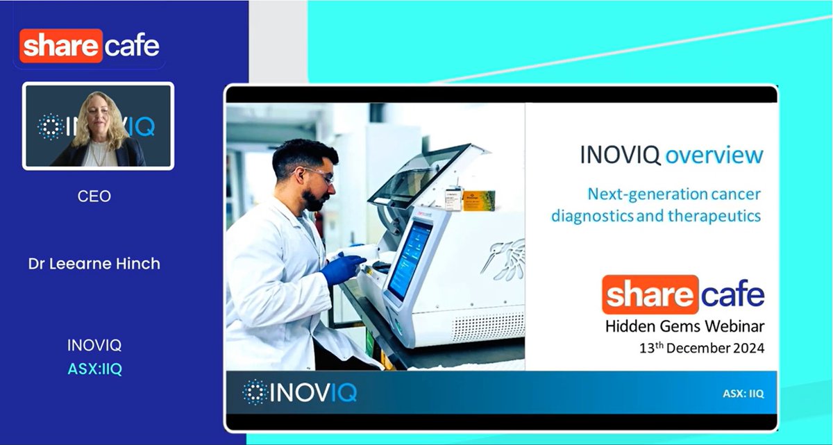 On 13 December, <a href="/INOVIQLtd/">INOVIQ Ltd (ASX:IIQ)</a> CEO, Dr <a href="/leearnehinch/">Leearne Hinch</a>  presented at Share Cafe’s Hidden Gems, ‘Sip and Learn’ webinar.

To watch the presentation, go to: bit.ly/3ZzrlwV

#ShareCafe #HiddenGems #SipandLearn #Webinar #SmallCap #Biotech #Therapeutics #Diagnostics #Investor