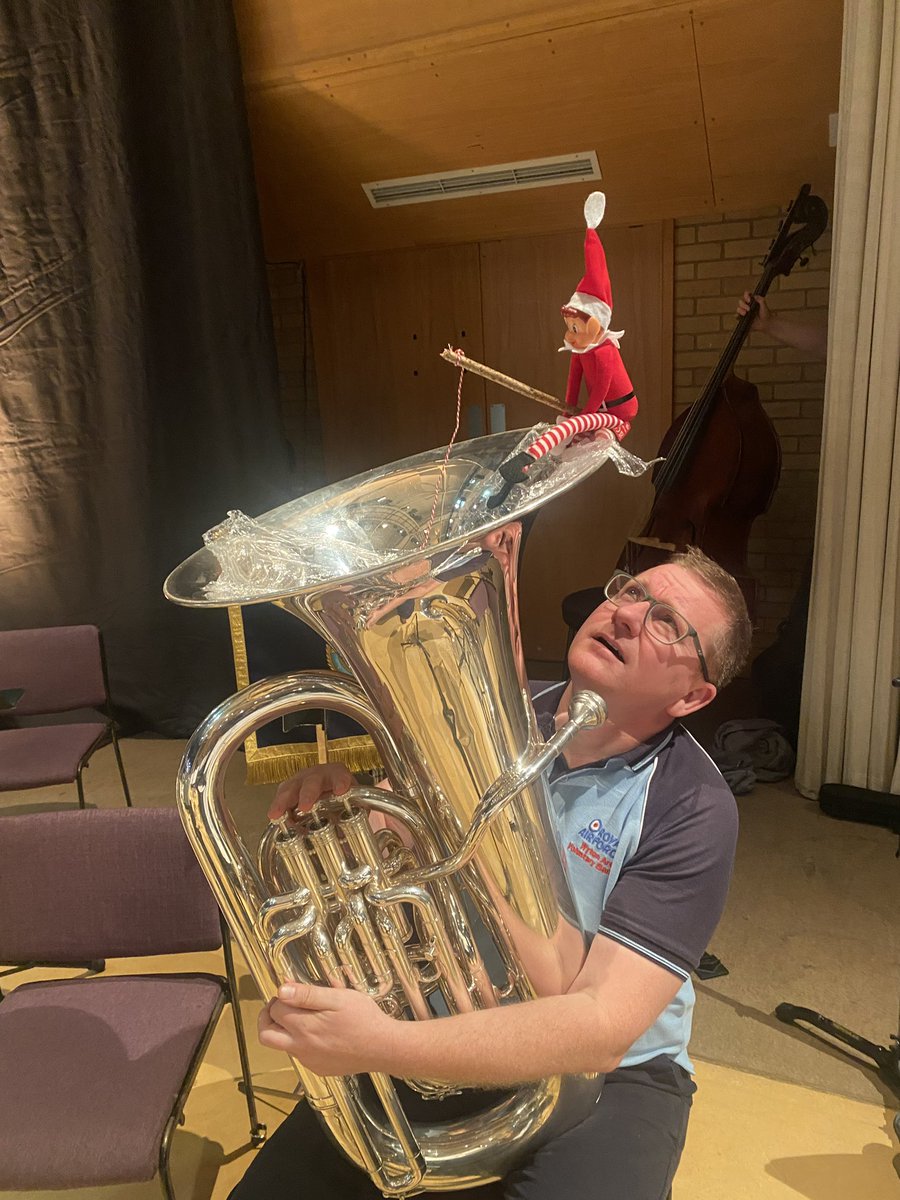 RAFMusic's tweet photo. @RoyalAirForce @RegentHallSA @DanesChurch @RAFNortholt @UKParliament During a joint concert with the #RAF #Wyton Voluntary Band, the Elf decided to go fishing inside a tuba 🎄🎶🎣
#RAFMusic 🎺✈️🥁
#ElfOnTheShelf #RoyalAirForce #NoOrdinaryJob #FestiveSeason #ElfOnTheShelf2024 #NoOrdinaryGig https://t.co/MLvLD696FN