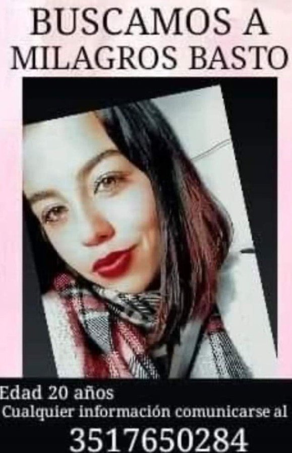 desaparecidaorg's tweet photo. Milagros Basto tiene 20 años, está desaparecida desde setiembre 2024 en la provincia de Córdoba. Por favor se pide compartir, y cualquier información avisar #Urgente al ☎️ 351-7650284, 101 o 911  

#Cordoba https://t.co/IN1MzOPakf