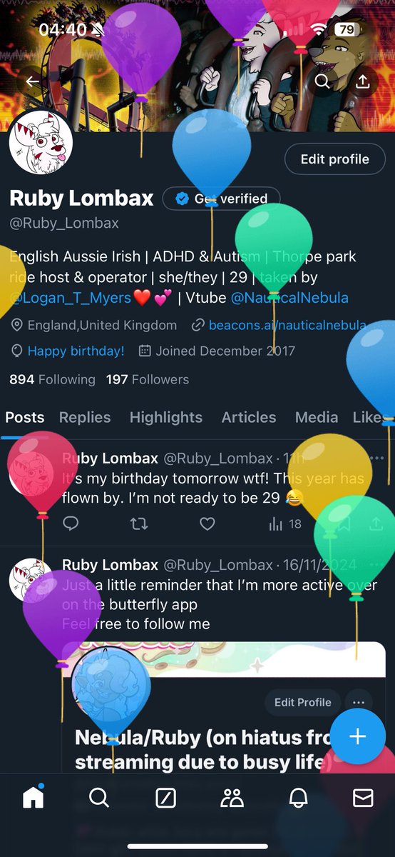 Ruby_Lombax's tweet photo. It do be my birthday today. It be balloon time on my page 🎈
I'm now 29, one step closer to 30 https://t.co/BbdRen2nO8