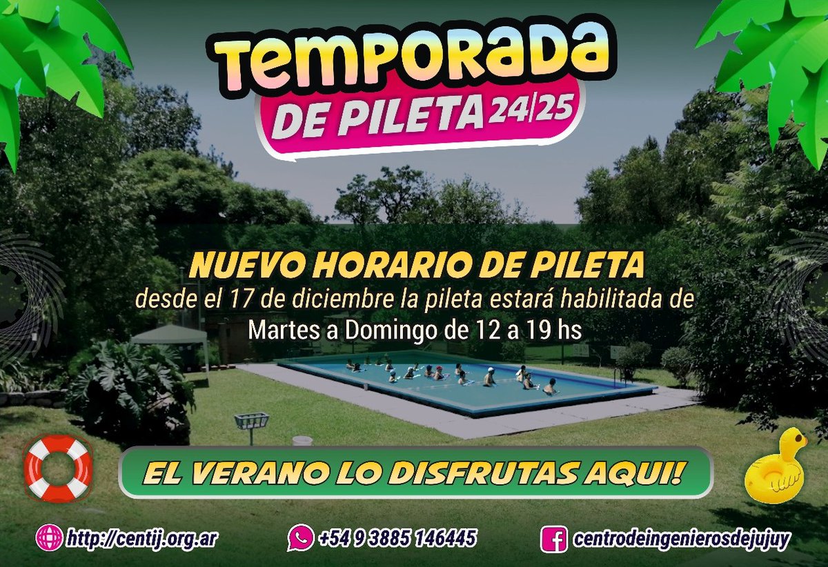 Lanzamos la temporada de pileta a pleno! Vení de Martes a Domingo de 12 a 19 hrs a disfrutar del verano en el Predio de Centro de Ingenieros de Jujuy. Te esperamos!!! 🏖️⛱️🌊🌞👪 #PiletaCentij2025