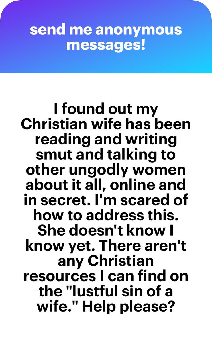 TheMuppetPastor's tweet photo. Sorry to hear this. But you’ve got to tell her. 

Smut is porn for women. It leads to visual porn. And if she argues, just ask if she’d be comfortable with you watching what she’s reading.

This is why I always say we must stop pretending that porn is just a man’s issue. https://t.co/M7q8ab96DQ