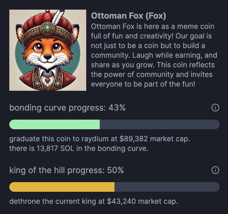 ottomanfox's tweet photo. 🦊 Ottoman $Fox: The sultan of memes is on the rise!  
🎯 Bonding Curve: %43 – Foxes are sneaky, creeping up slowly… for now. 🐾
👑 King of the Hill: %50 – Halfway there to dethrone the “current king”! Move over, peasant. The throne is calling! 👑

Lesson of the day: Never underestimate a fox in a sultan’s hat. We’re not here to play – we’re here to rule https://t.co/WUHBn27yDu! 🚀

🔸 Join before it’s too late – the fox is hungry for the top! 🔥
#Pumpfun #FoxOnFire #PumpItFun #MemeCoinTakeover #SolanaMeme #OttomanFox #FoxArmy