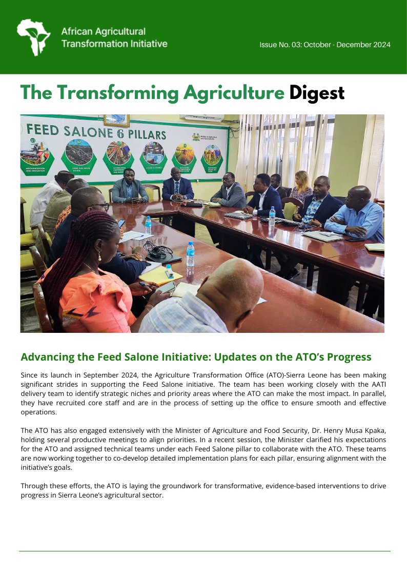 The Transforming Agriculture Digest Issue No. 3 is out!

-Progress from ATOs in Sierra Leone  &amp; Tanzania 
-Priorities for 2025

Discover how we’re advancing food security &amp; sustainable development.
AATI Newsletter Issue No. 3 – AATI

<a href="/Safia_Boly/">Safia Boly</a> <a href="/hmkpaka/">Henry Musa Kpaka</a> <a href="/ministry_a16484/">Ministry of Agriculture and Food Security</a>