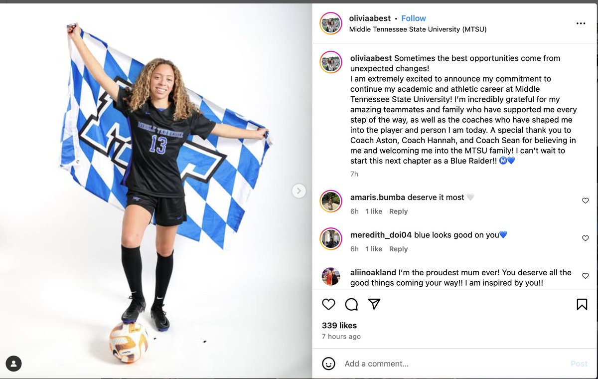ImYouthSoccer's tweet photo. We are extremely happy for 2025 player @oliviaabest  who was impacted by the upcoming roster limits. She found a GREAT new place to play college soccer.  Way to go and congratulations!! https://t.co/BbcaCbnbtB