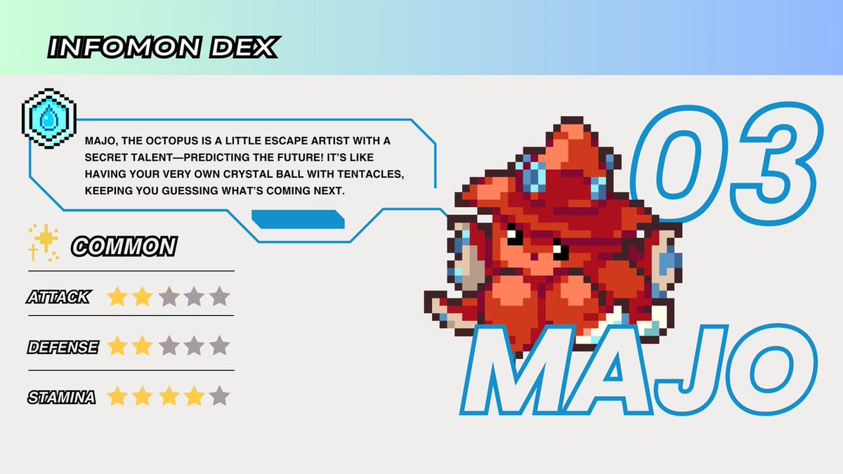 ⭐Infomon DEX⭐
Name: Majo
ID: 03
Element: Water

Origin: 
Did you know "Majo" actually means witch in Japanese?🧙‍♀️

In the original concept, Dr. X envisioned Majo with the ability to predict things—just like a witch. 

Or maybe... something more like a super smart A...I...? 👀👀