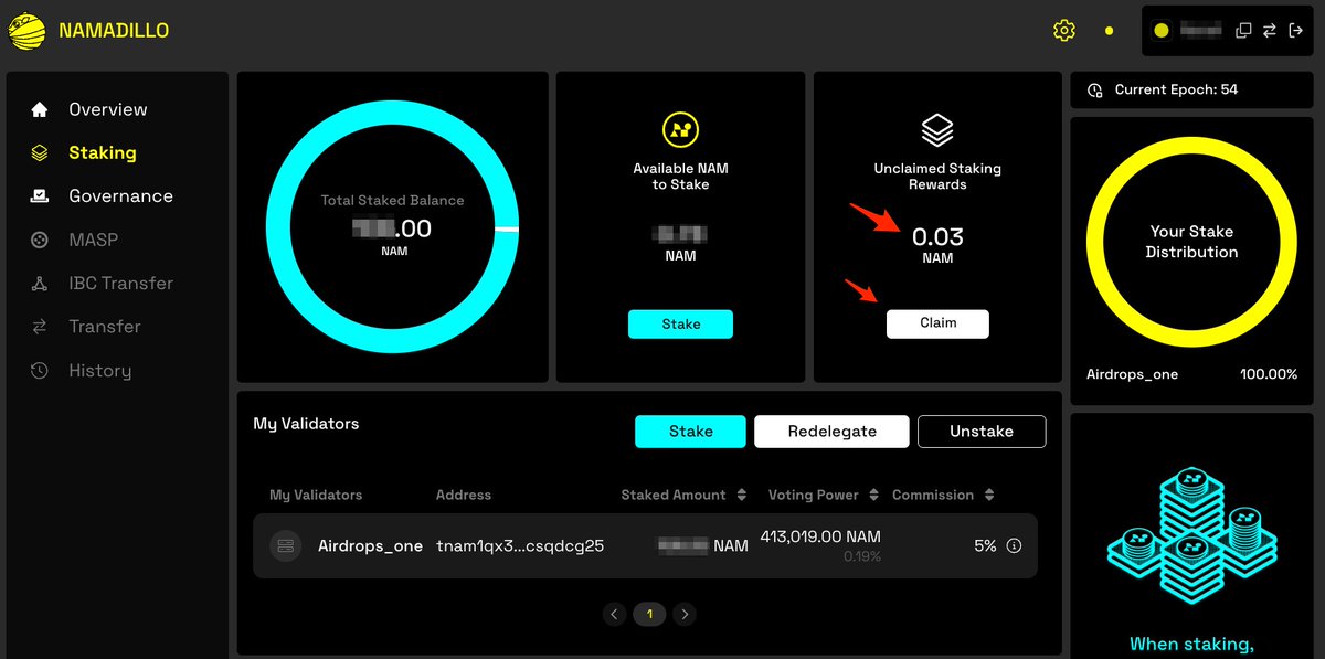 Airdrops_one's tweet photo. $NAM Staking 🥩Rewards are enabled 🚀

If you staked your $NAM Airdrop 🪂 you are now earning ~ 13.8% APR as Phase 2 of @namada Mainnet is live.

You can now claim your $NAM rewards stake it in one Tx - check the UI:

https://t.co/OB0bkoqUKr

Or any of the other community Staking apps. 

Note that only about 20% of the supply is staked, 200M $NAM, and rewards will keep going up until target stake of 400M $NAM is reached.

$NAM will only be transferable once we are in Phase 5.

@Airdrops_one validator is proud to be in the $NAM active set - consider delegating to us and securing @namada by spreading your stake.

Too much $NAM is concentrated with top 5 validators - 45.68% voting power.

Check explorers for staking / APR stats:

https://t.co/5H0ot4JsRu
https://t.co/z7BSHOjZJr

🫡