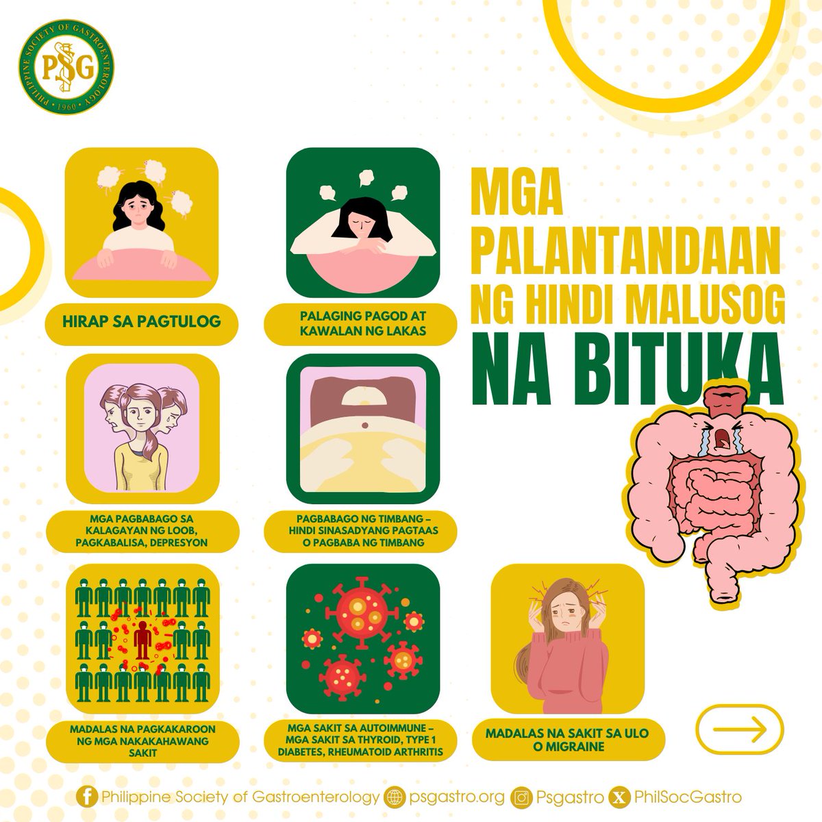 PhilSocGastro's tweet photo. 🌟 What is Gut Health, and why does it matter?  

👇 Swipe down to learn the signs of an unhealthy gut and tips to keep it thriving.  

Consult your Gastroenterologist to know more!🩺
#PSG #PSGCares #PhilippineSocietyOfGastroenterology https://t.co/0410tCSJVV