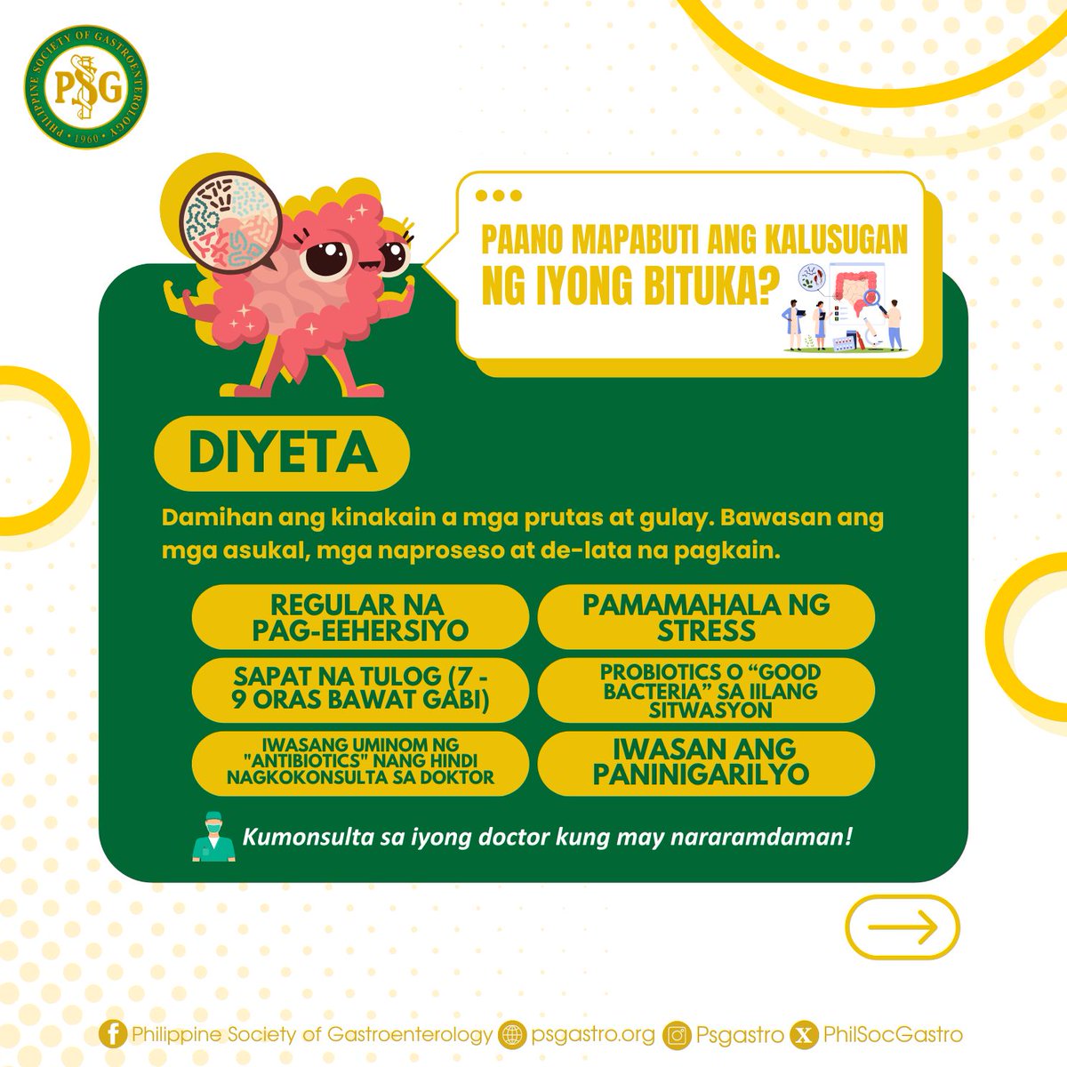 PhilSocGastro's tweet photo. 🌟 What is Gut Health, and why does it matter?  

👇 Swipe down to learn the signs of an unhealthy gut and tips to keep it thriving.  

Consult your Gastroenterologist to know more!🩺
#PSG #PSGCares #PhilippineSocietyOfGastroenterology https://t.co/0410tCSJVV