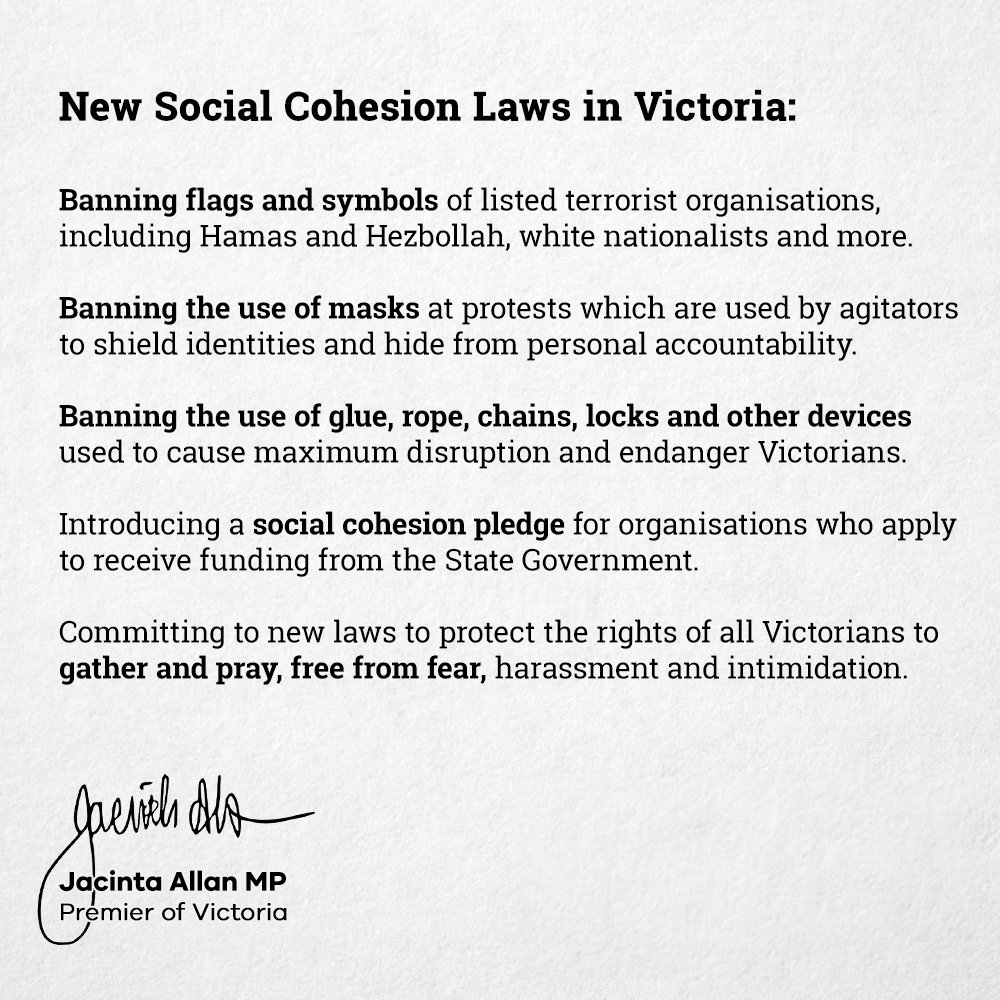 JacintaAllanMP's tweet photo. This isn't about the Middle East. This is about Victoria. 

This is about our values and the right of anyone in this state to live, work and pray freely without fear or intimidation, antisemitism, racism or hate. https://t.co/CDIyaCoOU7