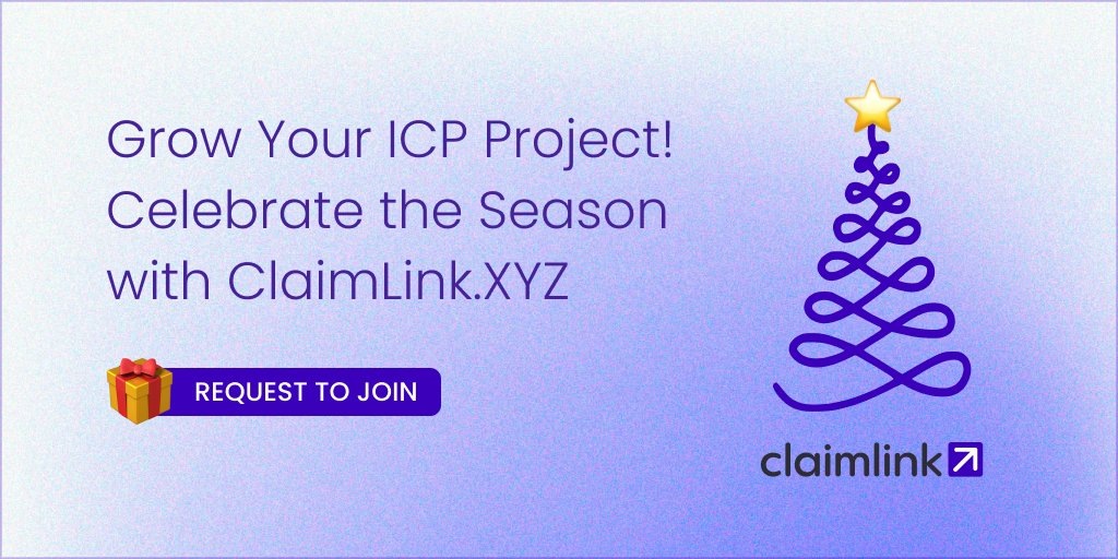 Calling all #ICP ecosystem projects! 

Join ClaimLink’s 🎄 Holiday Season Celebration from December 25th – January 5th, 2025, and spread holiday cheer with #NFT &amp; Tokens rewards, engaging tasks, and a vibrant ICP community! 🎅✨

Highlights:
🎁 Contribute to the festive prize