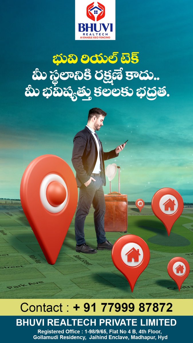 BhuviRealtech's tweet photo. భువి రియల్ టెక్ మీ స్థలానికి రక్షణే కాదు.. మీ భవిష్యత్తు కలలకు భద్రత.
Contact: + 91 77999 87872
#PropertyManagementservices #hyderabadpropertymanagment #realestateexperts #RealEstateInvestor #geotaggingservices #GeofencingServices #LandMonitoring #sirasanagandlasreenivasulu https://t.co/6y0OoJjs8y