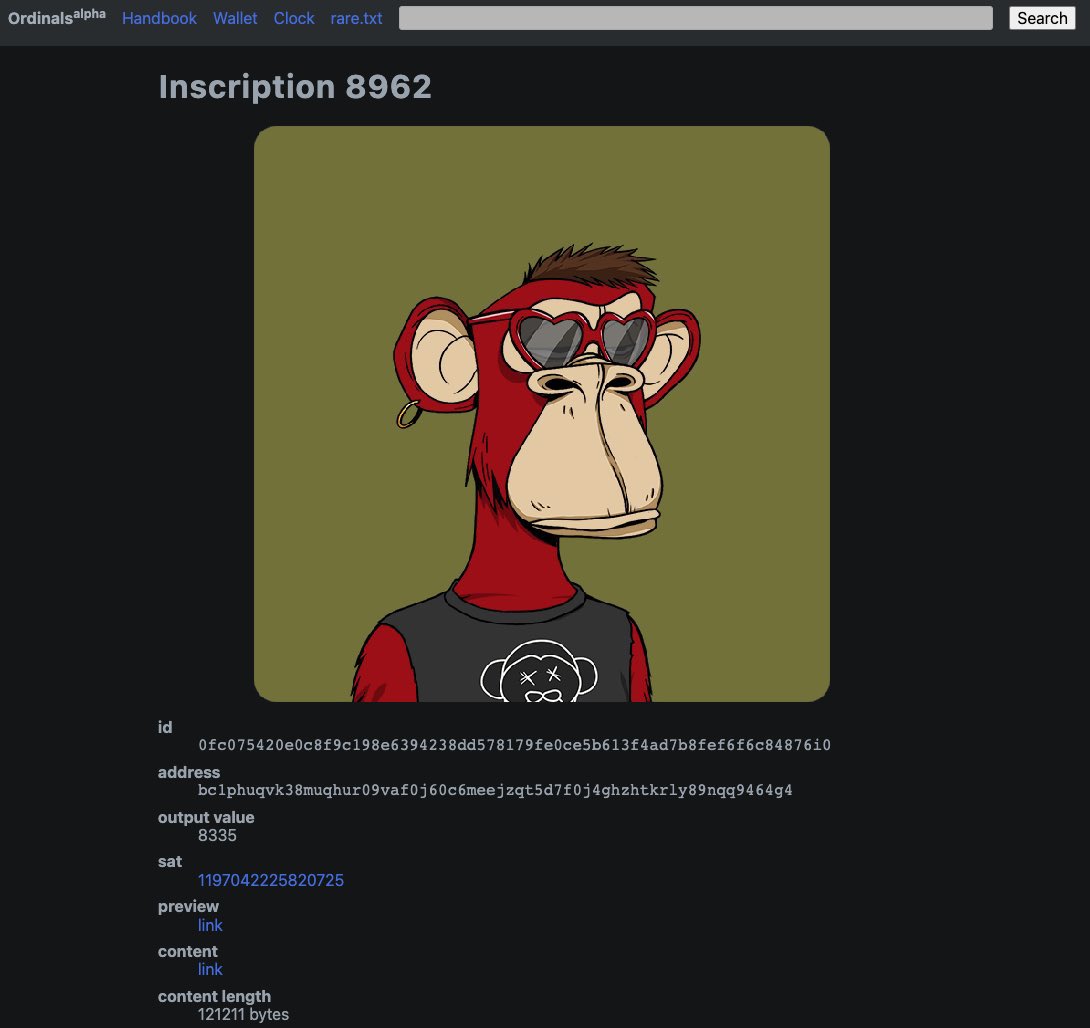 BitcoinApes_'s tweet photo. Did you know? 🟧💎 The first Bitcoin Ape ever inscribed was nearly 2years ago (inscription #8962) by @Fin9ersMcGee (holder of BAYC #8968) who wanted his ape permanently stored on the Bitcoin blockchain. But notice anything… ? 🧵(1/2)

https://t.co/anmWXpGW4r https://t.co/hX8My8pu4Q