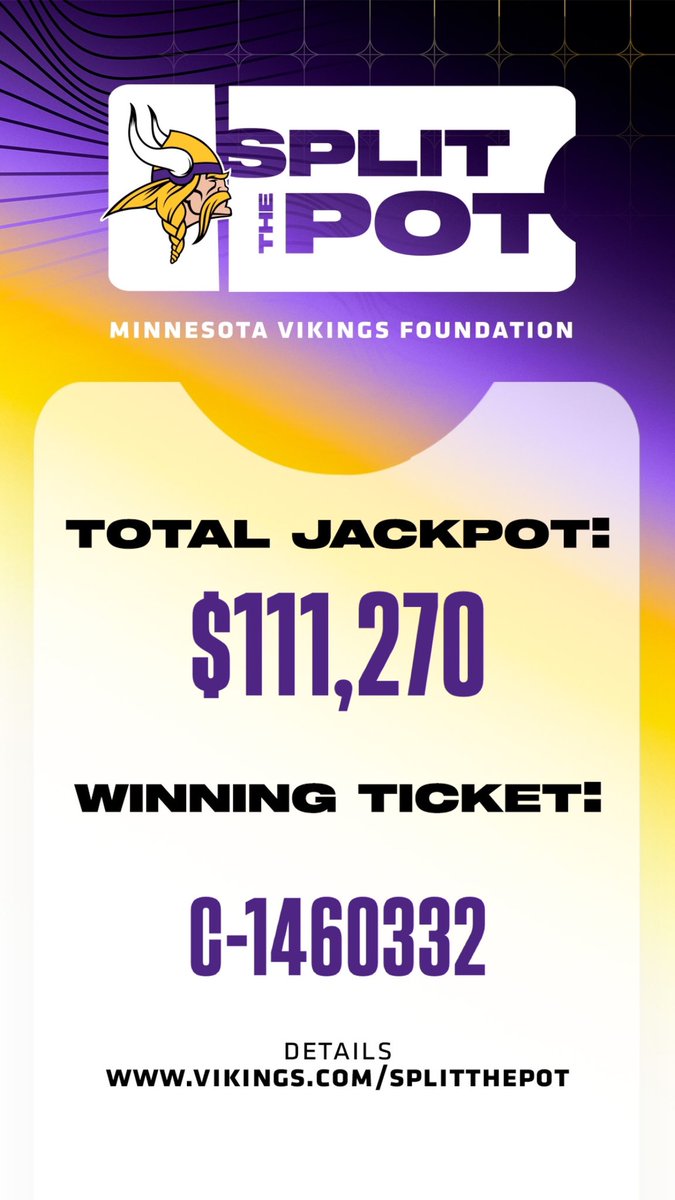 vikingsfdn's tweet photo. Vikings vs. Bears Split the Pot Jackpot!  

Visit https://t.co/85wV2KE7et for more information on how you could win!     

SKOL! https://t.co/RRuA7yuth5
