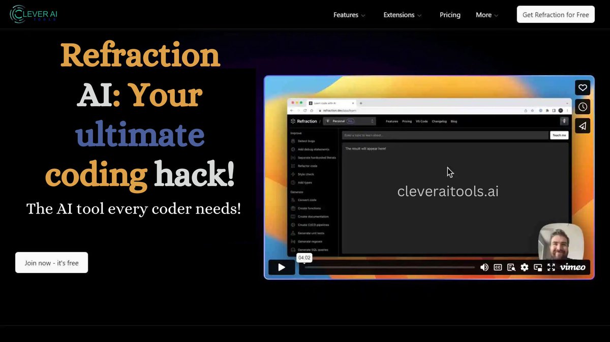 cleveraitool's tweet image. 💼 Revolutionize the way you code with Refraction AI: a smarter, faster assistant for developers at every level. Learn more here!
cleveraitools.ai/category/ai-co…
#AIForCoders