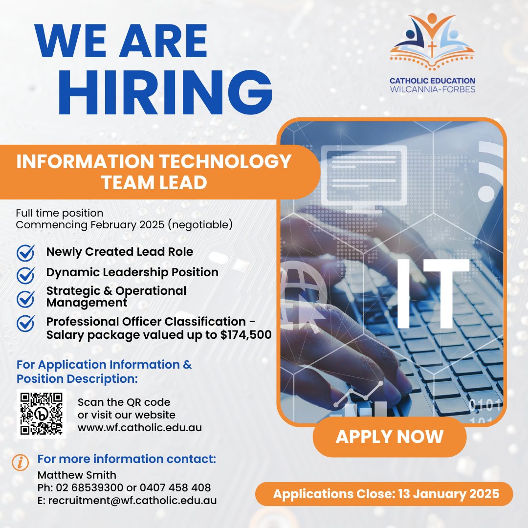 EXCITING CAREER OPPORTUNITY!! INFORMATION TECHNOLOGY TEAM LEAD position, based at the Catholic Education Office, Forbes

Check out this job on SEEK: seek.com.au/job/80826742?t… 

For a full position description and selection criteria visit our website - wf.catholic.edu.au