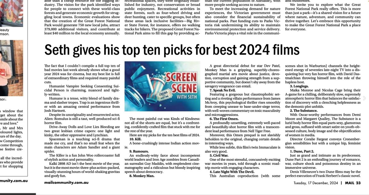 My list of 2024's best films is in today's Star Mail!
Congratulations to Nikhil Nagesh Bhat, Guy Maddin, Dev Patel, James Watkins, Arkasha Stevenson, Alex Garland, the Cairnes brothers, Osgood Perkins, <a href="/coraliefargeat/">Coralie Fargeat</a> and Denis Villeneuve for making my ten favorite films of 2024.