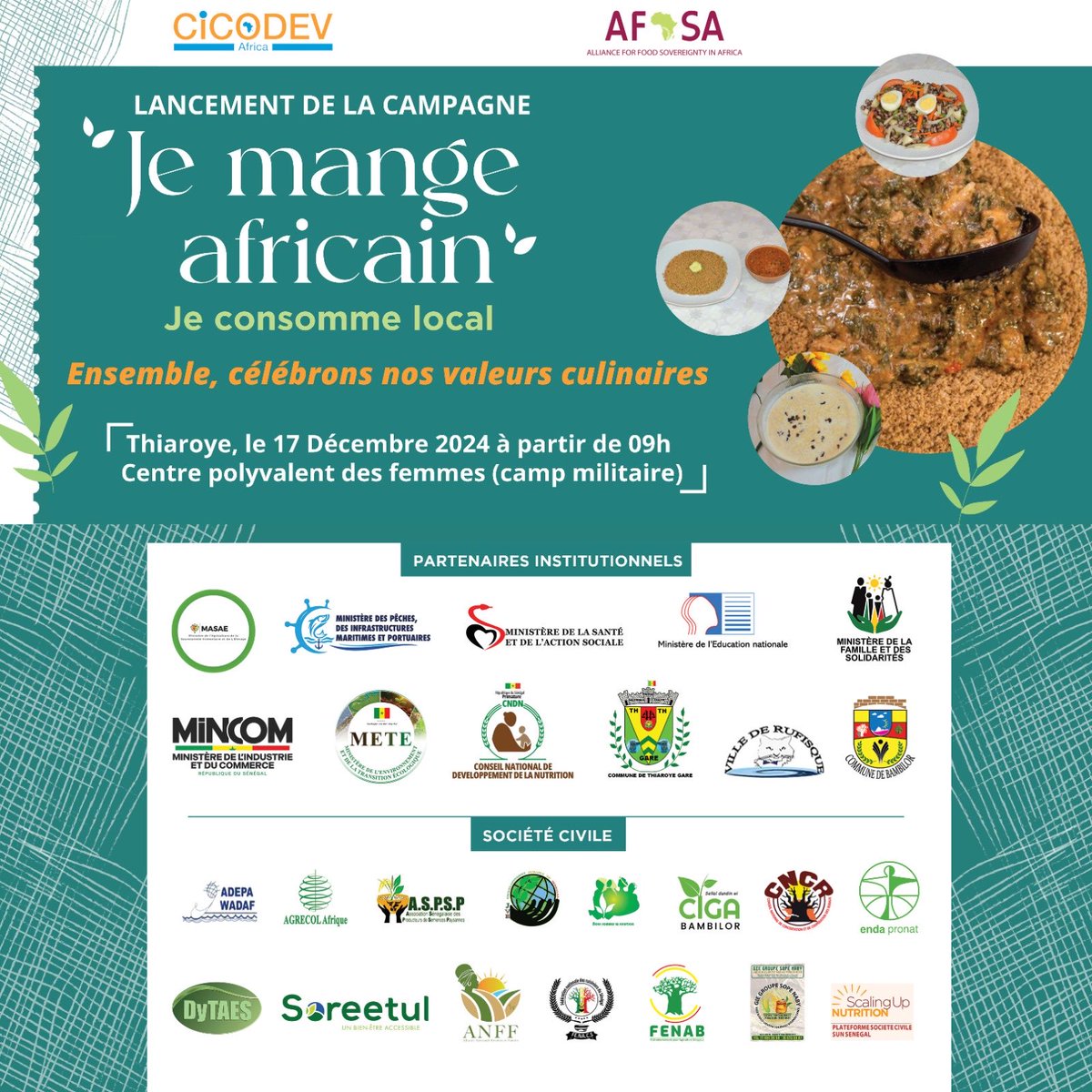 Thierno Sall (@sallthiernolaye) on Twitter photo Lancement de la campagne « je mange africain, je consomme local, sain et durable »
<a href="/CICODEVAfrica/">CICODEV Afrique</a> <a href="/Afsafrica/">AFSA</a> <a href="/PronatEnda/">Enda Pronat: Protection naturelle des terroirs</a> <a href="/FAOSenegal/">FAO au Sénégal</a> @abdourami <a href="/wadeabou/">wadeabou</a> <a href="/Kebetubot/">Kebetu 🇸🇳</a> #Souverainetéalimentaire #Africain #Agroécologie Lancement de la campagne « je mange africain, je consomme local, sain et durable »
<a href="/CICODEVAfrica/">CICODEV Afrique</a> <a href="/Afsafrica/">AFSA</a> <a href="/PronatEnda/">Enda Pronat: Protection naturelle des terroirs</a> <a href="/FAOSenegal/">FAO au Sénégal</a> @abdourami <a href="/wadeabou/">wadeabou</a> <a href="/Kebetubot/">Kebetu 🇸🇳</a> #Souverainetéalimentaire #Africain #Agroécologie