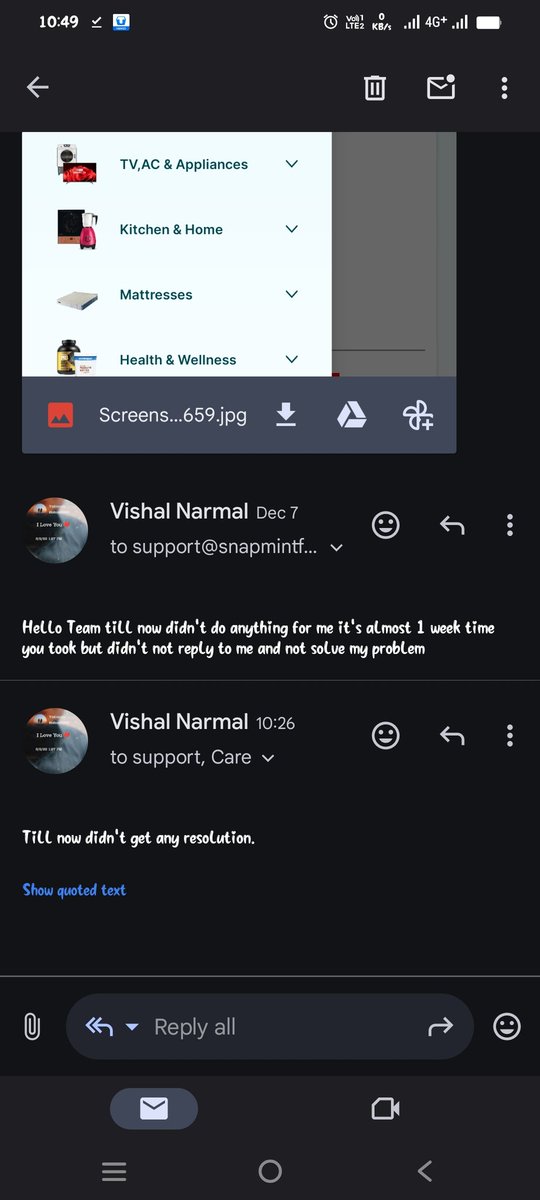 vishu4962's tweet photo. @SnapmintEmi 
Fake..one single person didn't  rply to my mail when I purchased product 1st time in snapmint it's good and I pay the emi after I clear the emi till now there credit limit is lock in application it's showing pay ur all EMI but already I cleared the emi this fake app https://t.co/SHvJrlFOVG