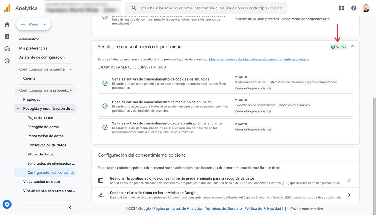 pablomoratinos's tweet photo. #GA4 ya va añadiendo poco a poco el nuevo panel informativo en las propiedades de detección de señales de consentimiento del #ConsentMode. Hay que recordar que NO dice que ESTÉ BIEN CONFIGURADO, sino que SE ESTÁN RECIBIENDO LAS SEÑALES. https://t.co/wzBBp1oo5u