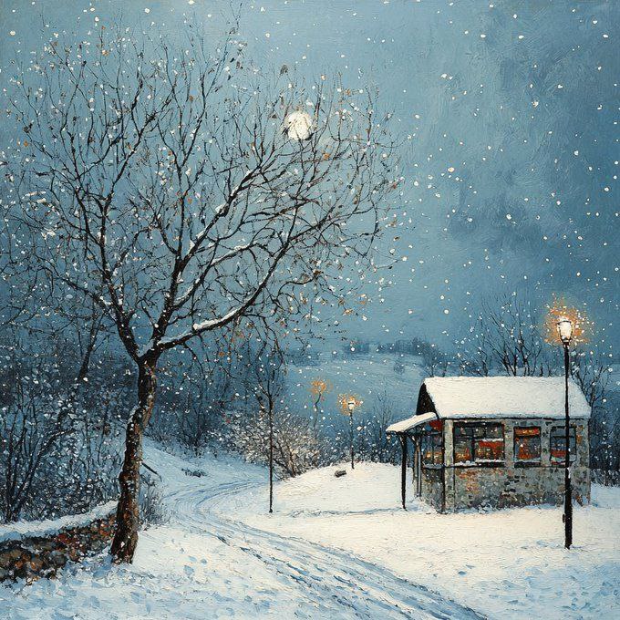 Under the winter moon, silence is draped in snow.