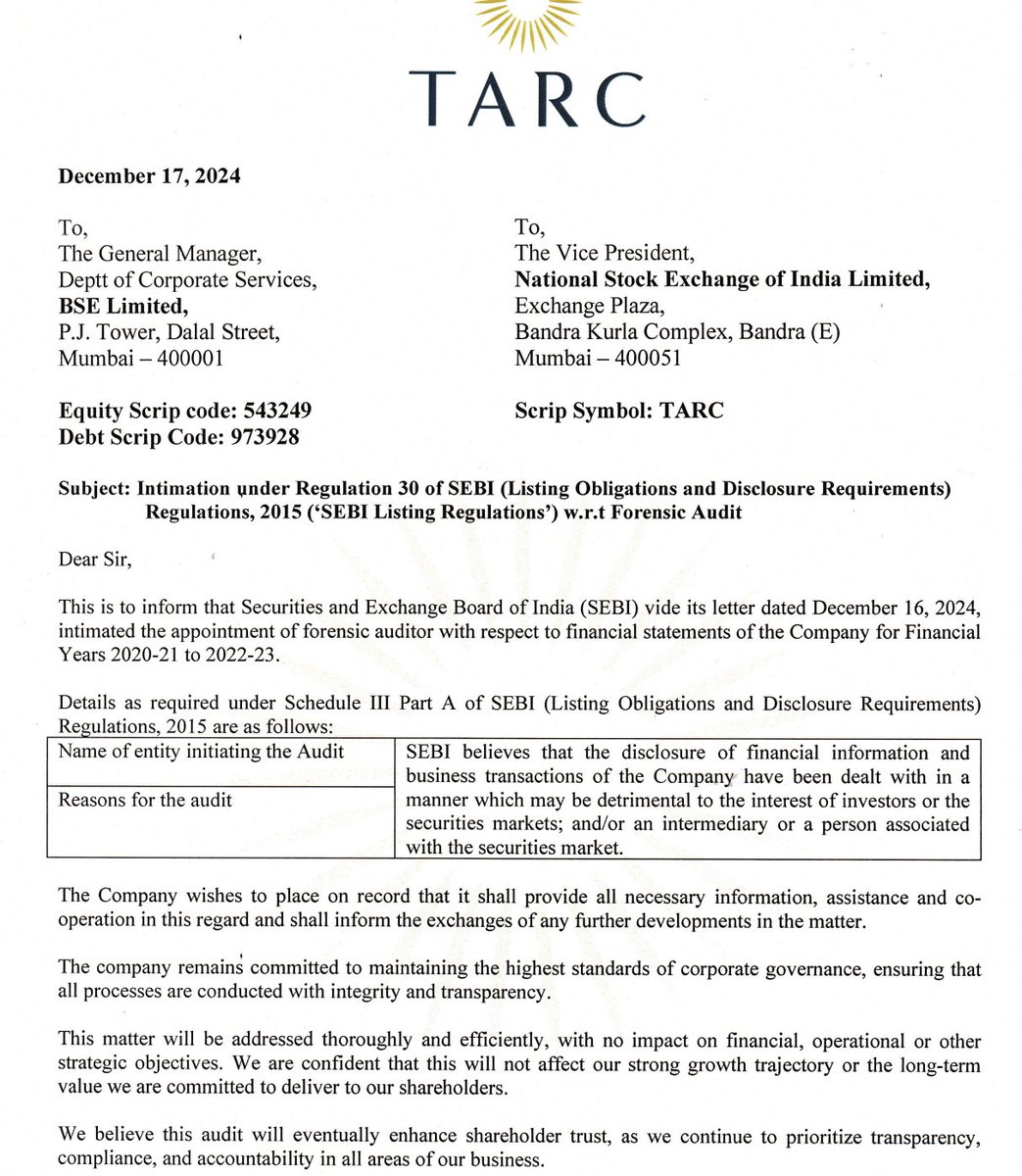BeatTheStreet10's tweet image. SEBI initiates forensic audit in TARC

#redflag #forensic #corproategovernance